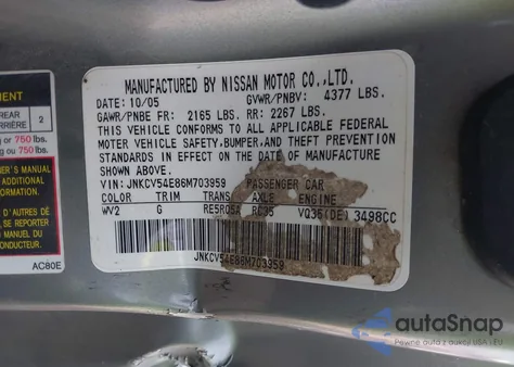 2006 Infiniti G35 z USA, uszkodzony, nr VIN JNKCV54E86M703959